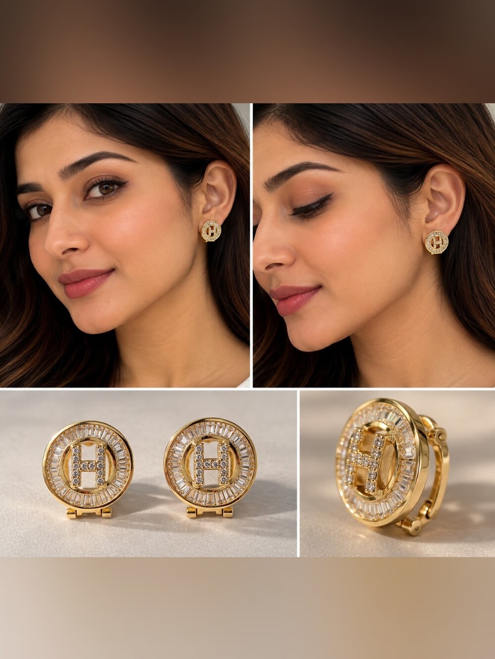 Gold Crystal 'H' Disc Clip-On Earrings - Elegant Women Jewelry